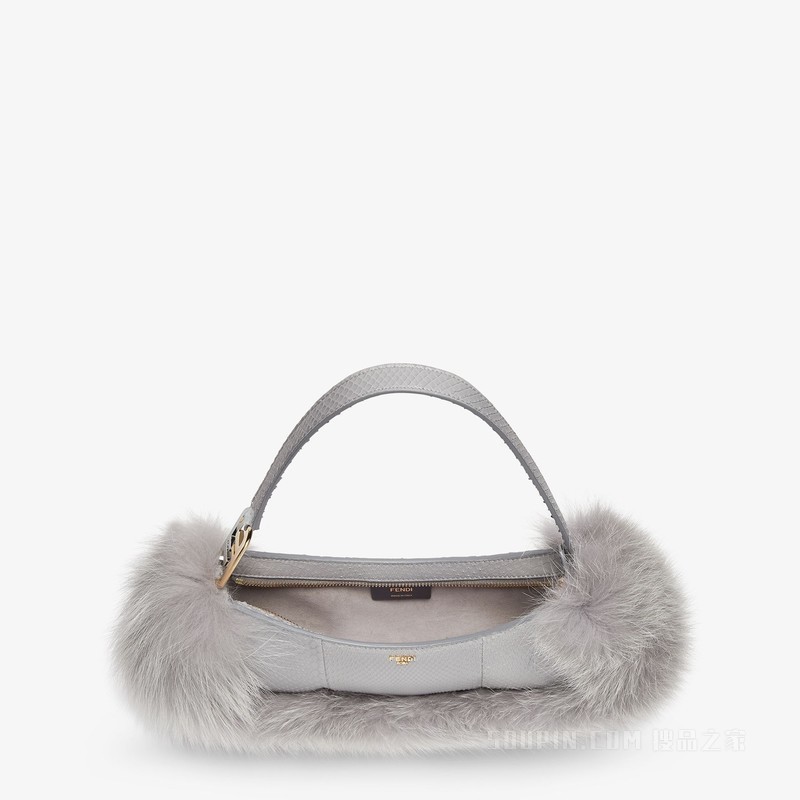 Fendi O'Lock Swing 灰色蟒蛇皮和狐狸皮草手拿包