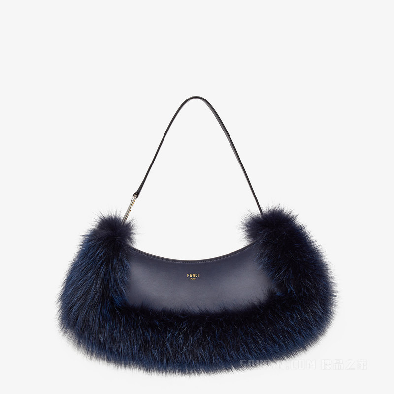Fendi O'Lock Swing 深蓝色皮革和狐狸皮草手拿包