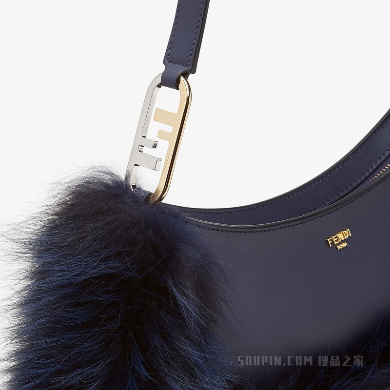 Fendi O'Lock Swing 深蓝色皮革和狐狸皮草手拿包