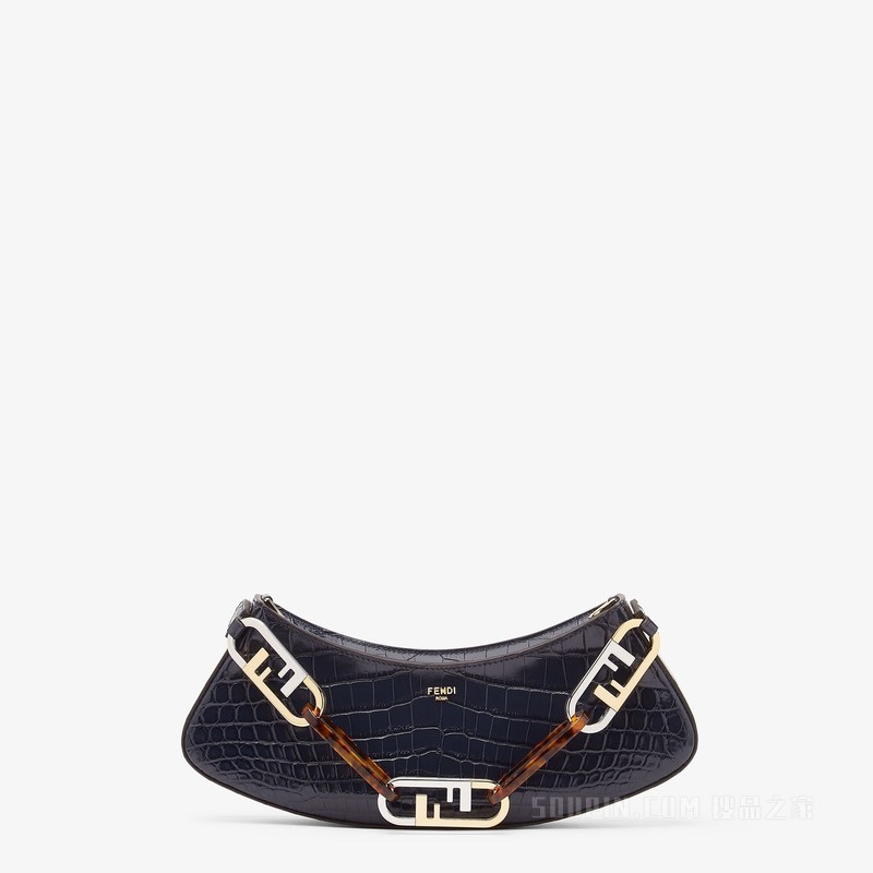 Fendi O'Lock Swing 深蓝色鳄鱼皮手拿包