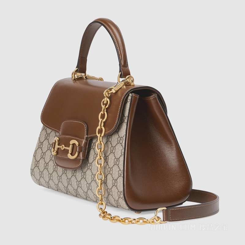 Gucci Horsebit 1955系列中号手袋 米色和乌木色GG Supreme帆布