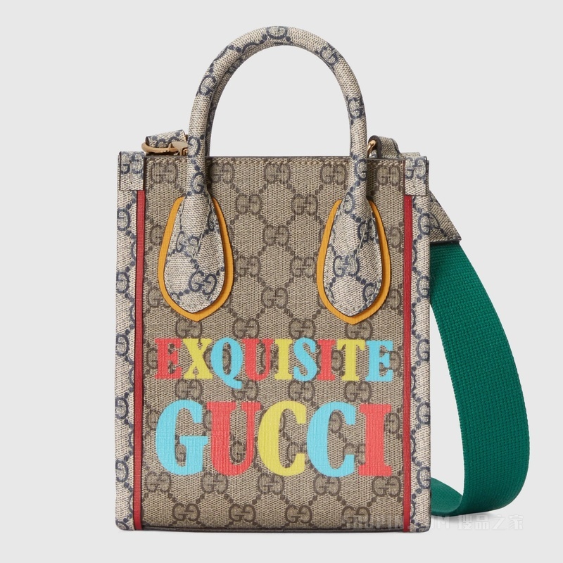 Exquisite Gucci迷你托特包 米色和乌木色Supreme帆布