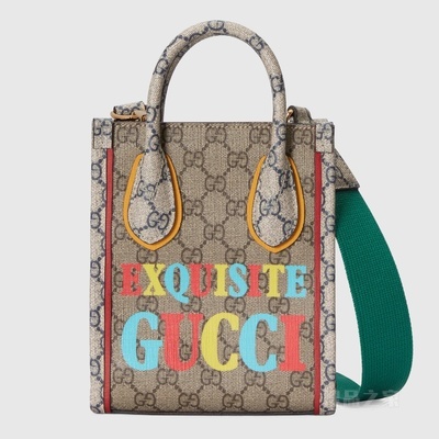 Exquisite Gucci迷你托特包 米色和乌木色Supreme帆布