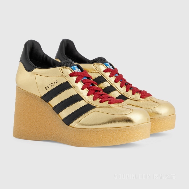 adidas x Gucci联名系列坡跟Gazelle运动鞋 金属质感金色皮革