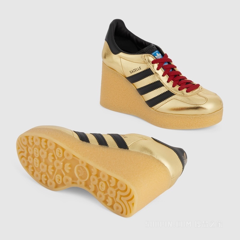 adidas x Gucci联名系列坡跟Gazelle运动鞋 金属质感金色皮革