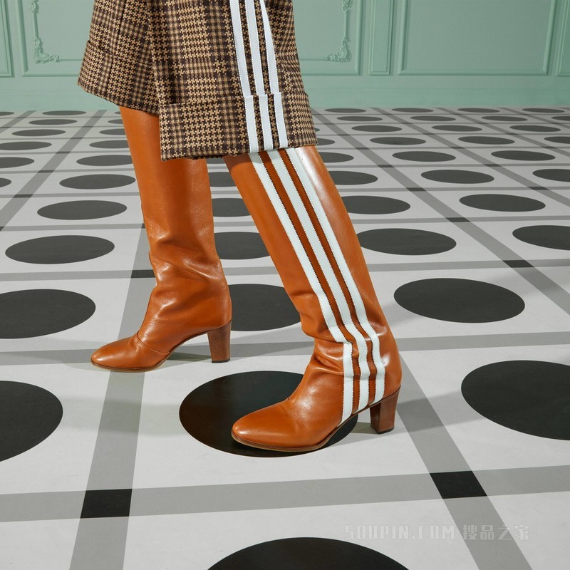 adidas x Gucci联名系列女士长筒靴 褐红色皮革