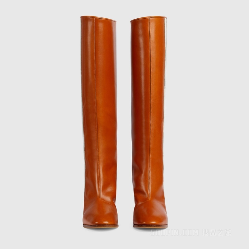 adidas x Gucci联名系列女士长筒靴 褐红色皮革