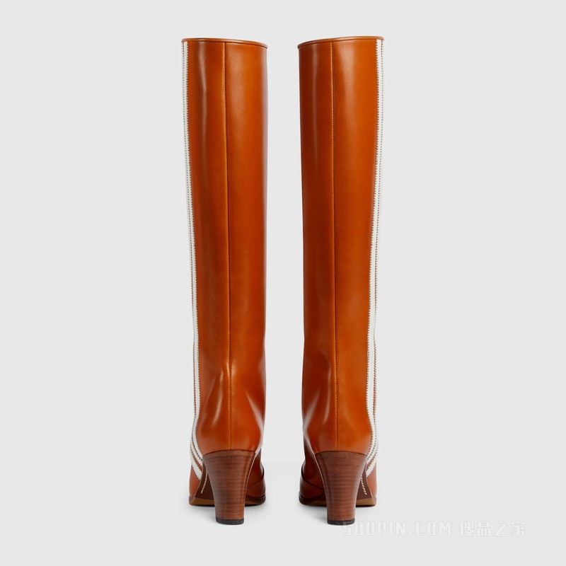 adidas x Gucci联名系列女士长筒靴 褐红色皮革