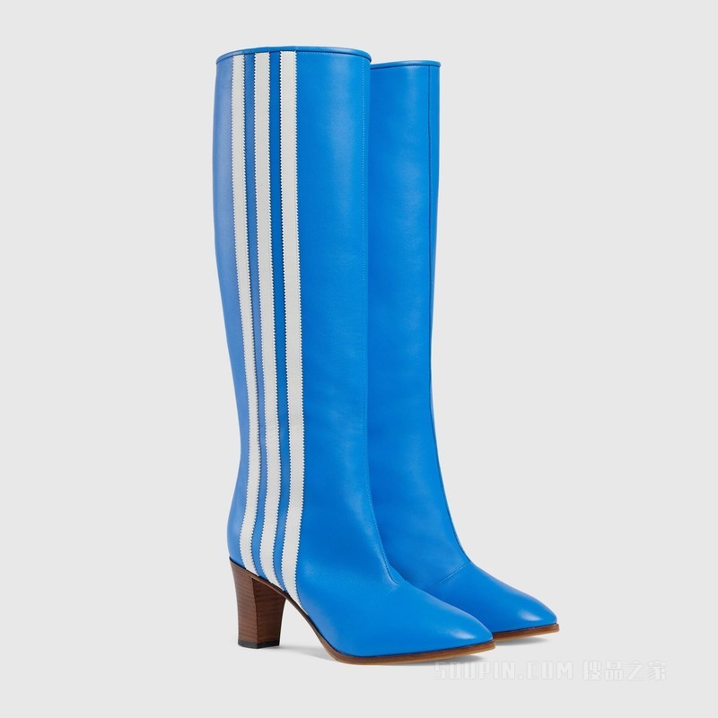 adidas x Gucci联名系列女士长筒靴 亮蓝色皮革