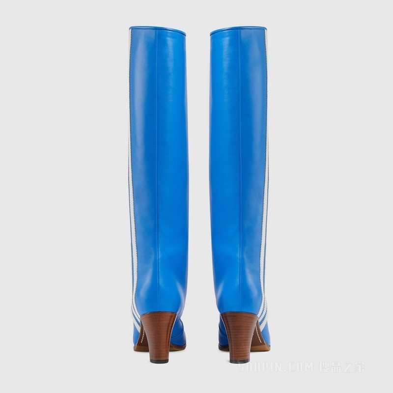 adidas x Gucci联名系列女士长筒靴 亮蓝色皮革