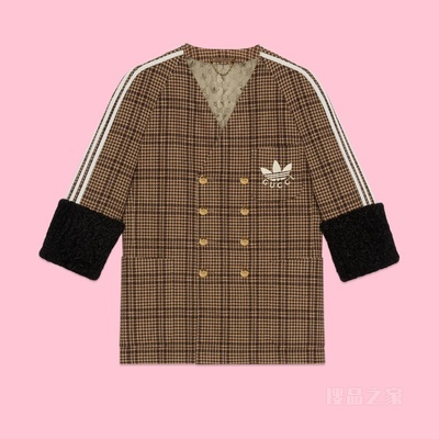 adidas x Gucci联名系列威尔士亲王格纹羊毛夹克 驼色和棕色