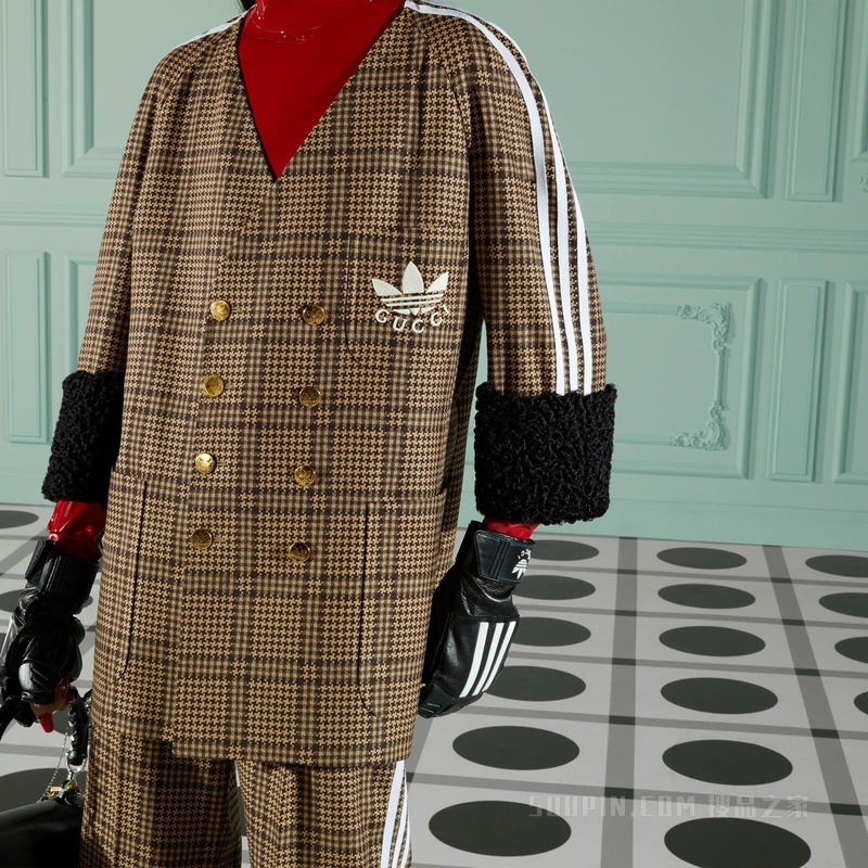 adidas x Gucci联名系列威尔士亲王格纹羊毛夹克 驼色和棕色