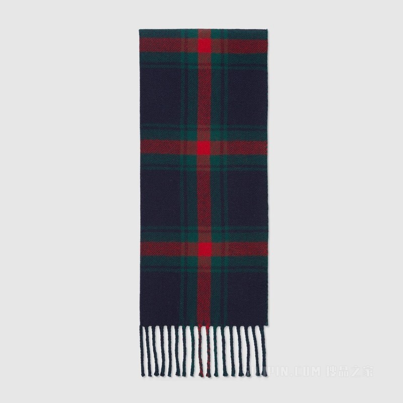 GG和苏格兰格纹羊毛围巾 海军蓝和红色