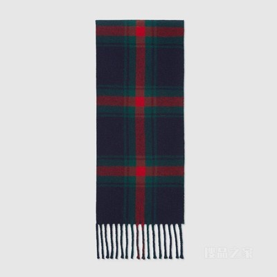 GG和苏格兰格纹羊毛围巾 海军蓝和红色