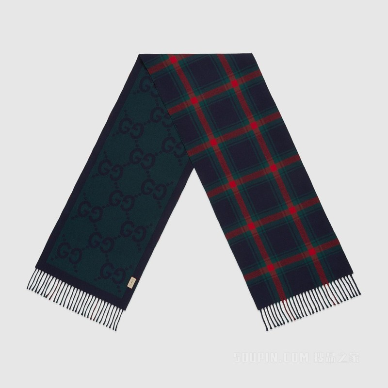 GG和苏格兰格纹羊毛围巾 海军蓝和红色