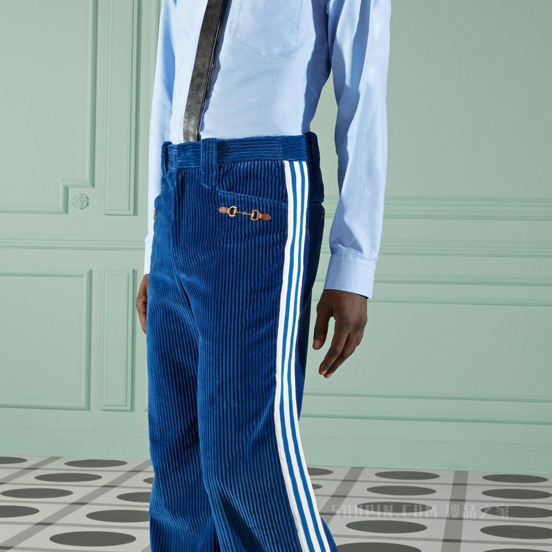 adidas x Gucci联名系列饰马衔扣灯芯绒长裤 蓝色