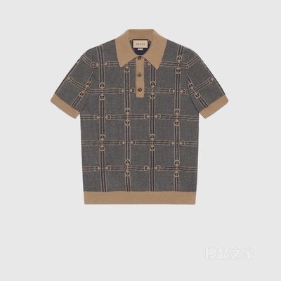 马衔扣提花针织Polo衫 蓝色和驼色