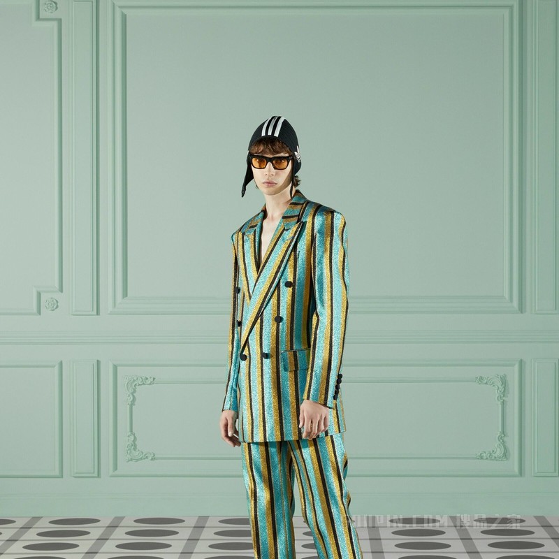 GUCCI/古驰】金银丝线嵌花条纹夹克蓝色、黑色和金色710793 ZAKAM