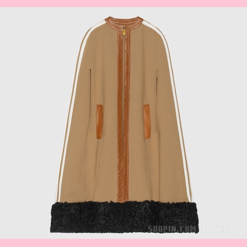 adidas x Gucci联名系列羊毛和环保毛羊皮斗篷 棕色