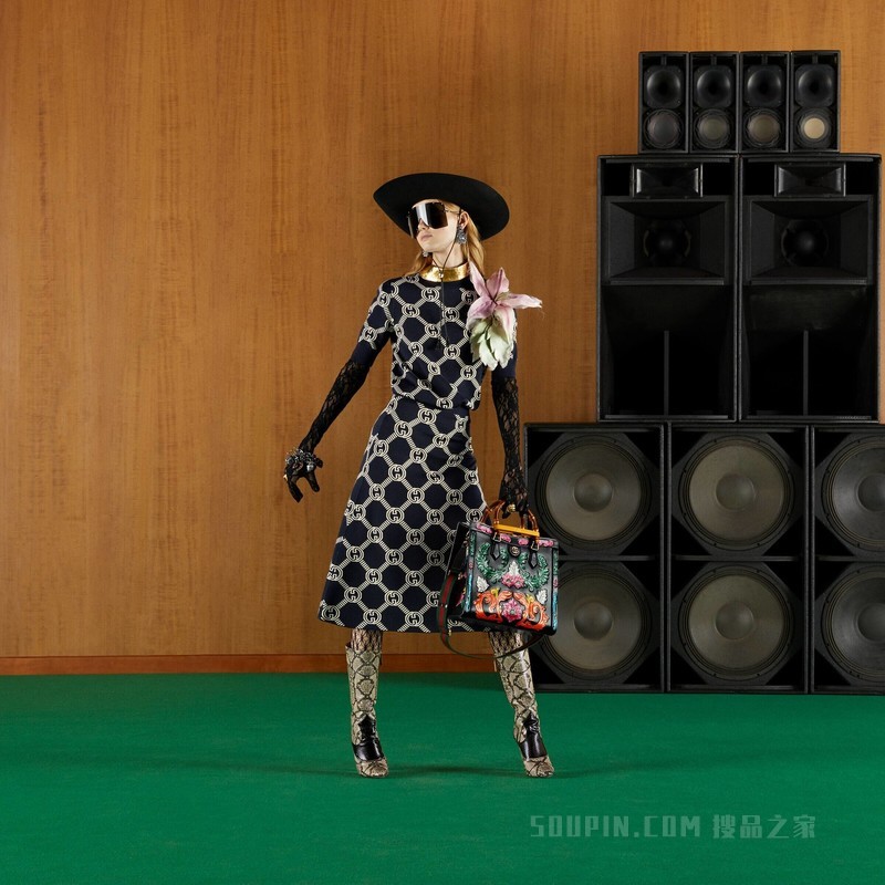 双面GG羊毛提花半身裙 蓝色和象牙白色