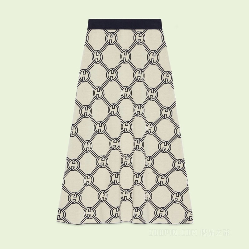 双面GG羊毛提花半身裙 蓝色和象牙白色