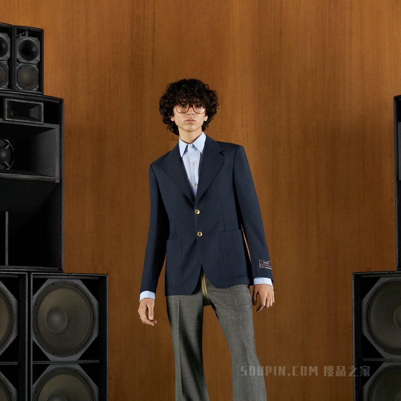 毛棉混纺马海毛正装夹克 深蓝色