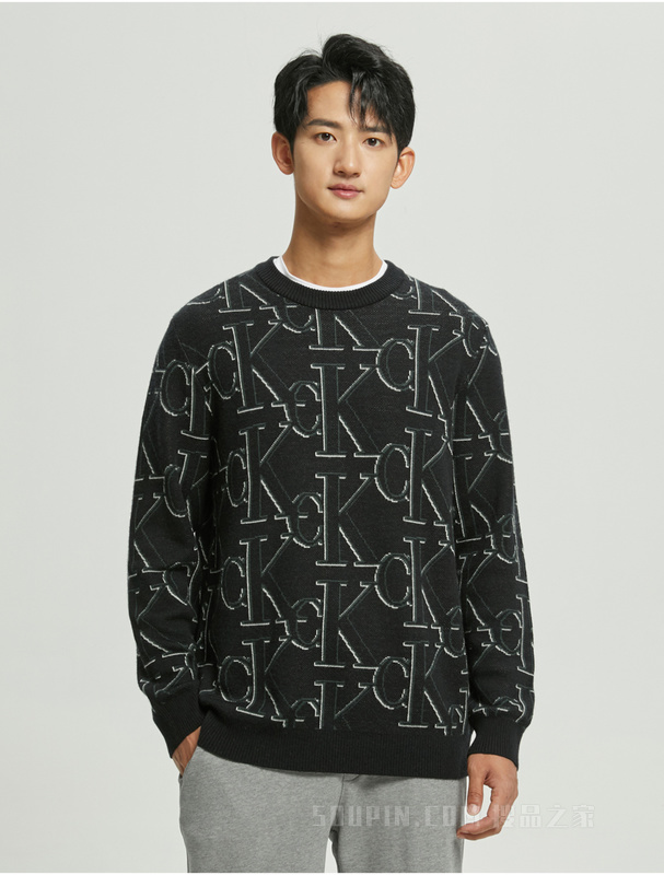 Calvin Klein 22秋冬男时尚圆领LOGO提花羊毛衫套头针织衫毛衣J322304