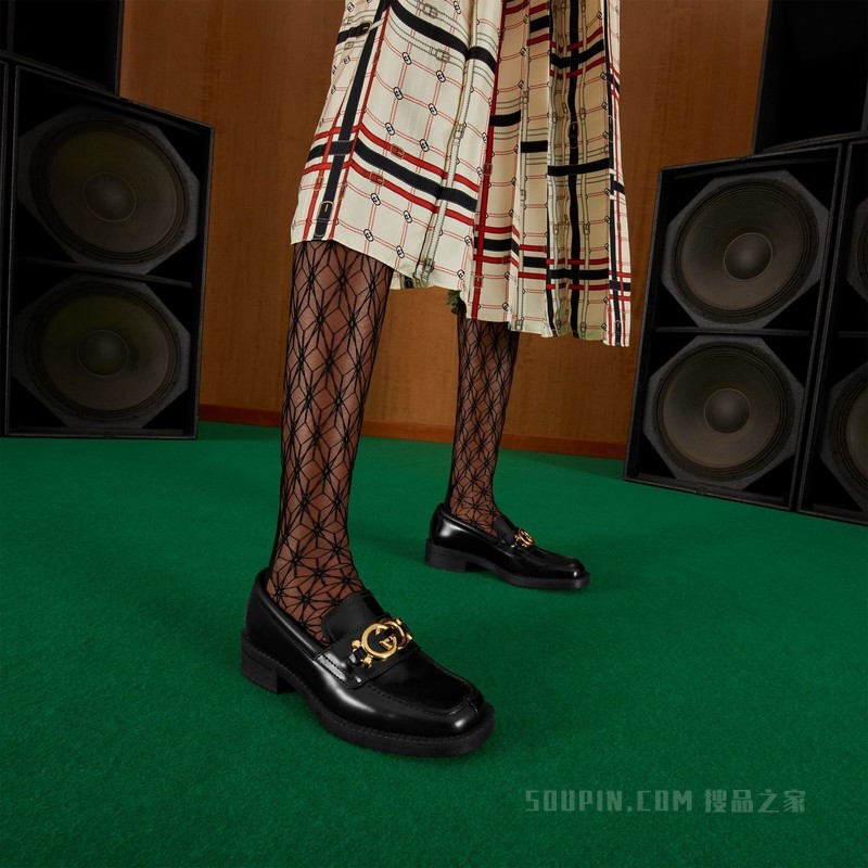 女士互扣式双G乐福鞋 黑色皮革