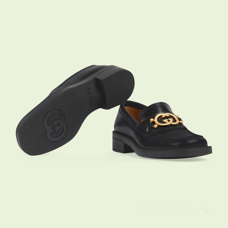 女士互扣式双G乐福鞋 黑色皮革