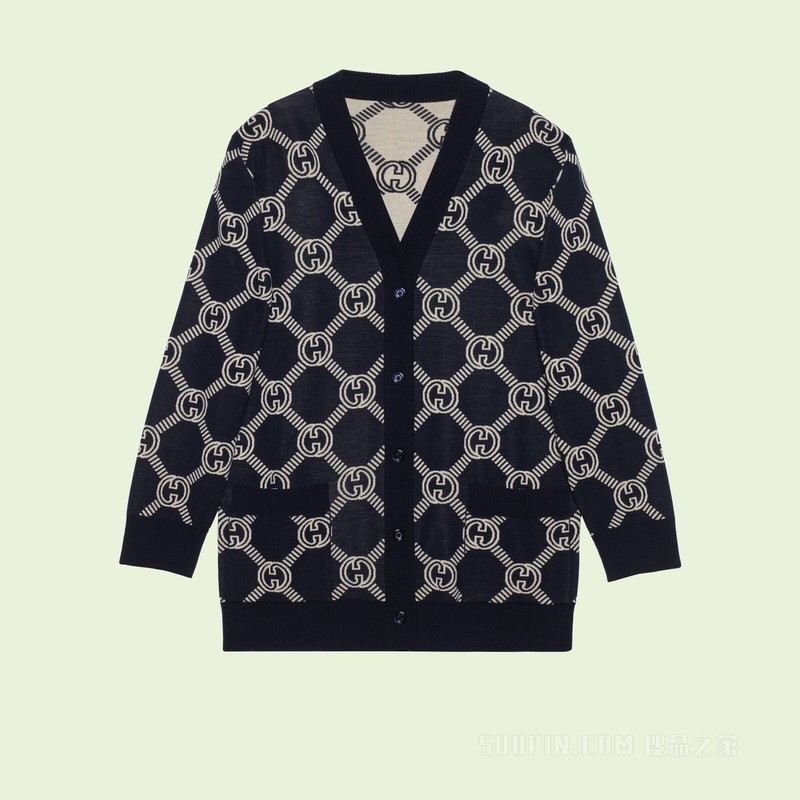 双面GG羊毛提花开衫 蓝色和象牙白色