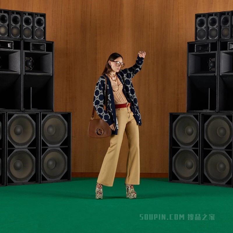 双面GG羊毛提花开衫 蓝色和象牙白色