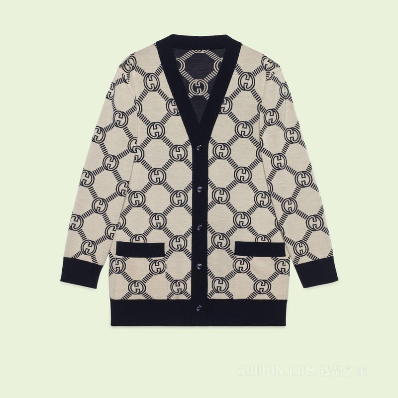 双面GG羊毛提花开衫 蓝色和象牙白色