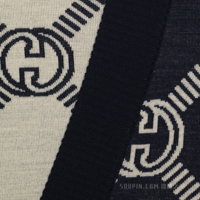 双面GG羊毛提花开衫 蓝色和象牙白色