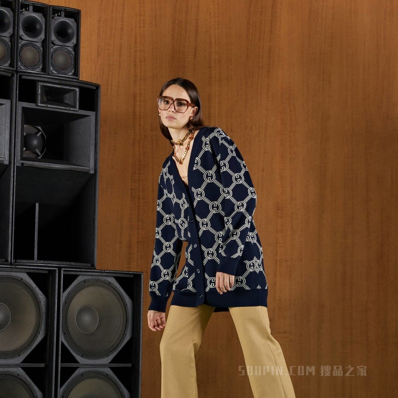 双面GG羊毛提花开衫 蓝色和象牙白色