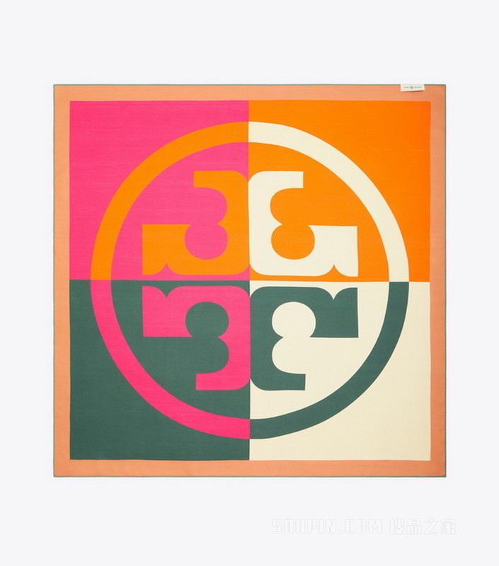 Logo 拼色桑蚕丝方巾 橙色