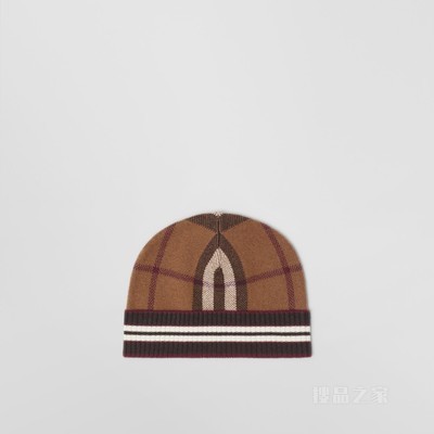 格纹拼条纹羊绒帽 (深桦木棕)