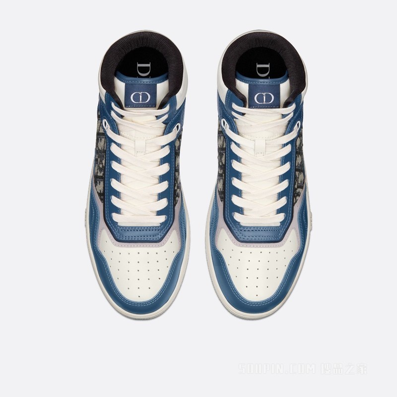 B27 高帮运动鞋 蓝色、奶油白色和迪奥灰光滑牛皮革, 米色和黑色 Oblique 印花