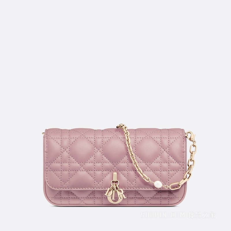 Lady Dior 手机袋 复古粉色羊皮革藤格纹