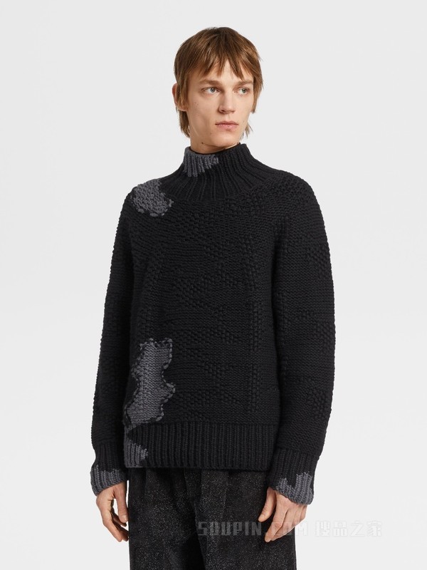 黑色配灰色 Oasi Cashmere 高领毛衣