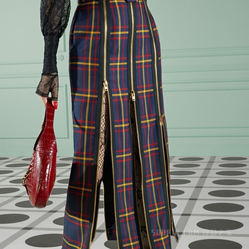 【gucci/古驰】苏格兰格纹羊毛半身裙 蓝色,红色和黄色 711750 zakfu