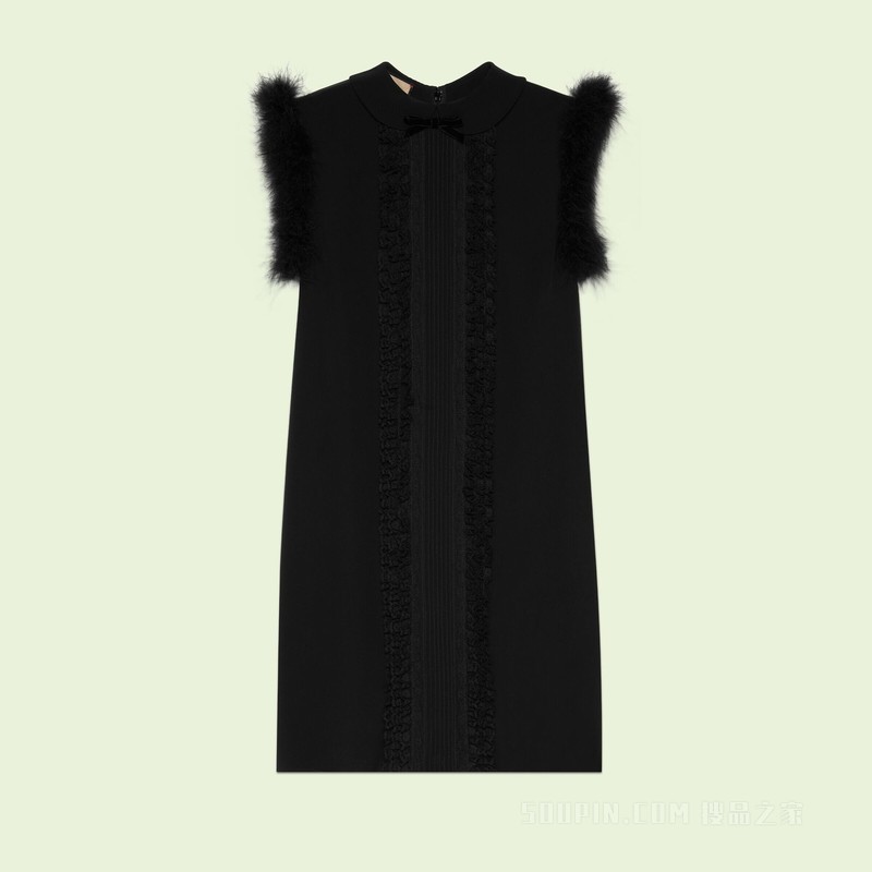 饰羽毛真丝连衣裙 黑色