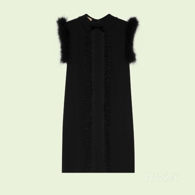 饰羽毛真丝连衣裙 黑色