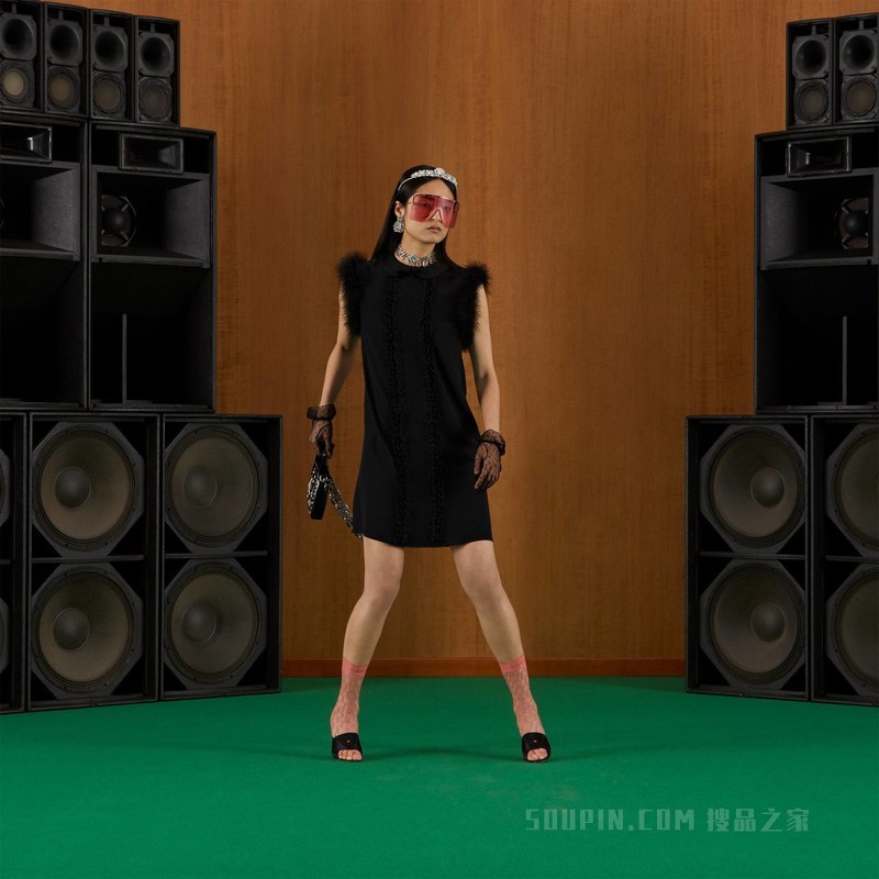 饰羽毛真丝连衣裙 黑色