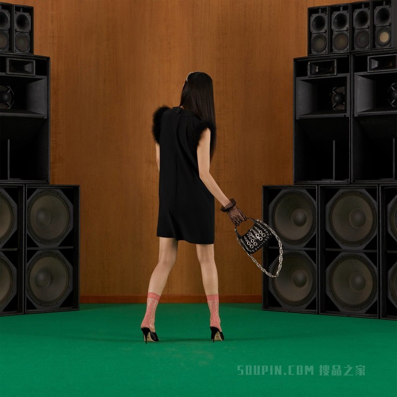 饰羽毛真丝连衣裙 黑色