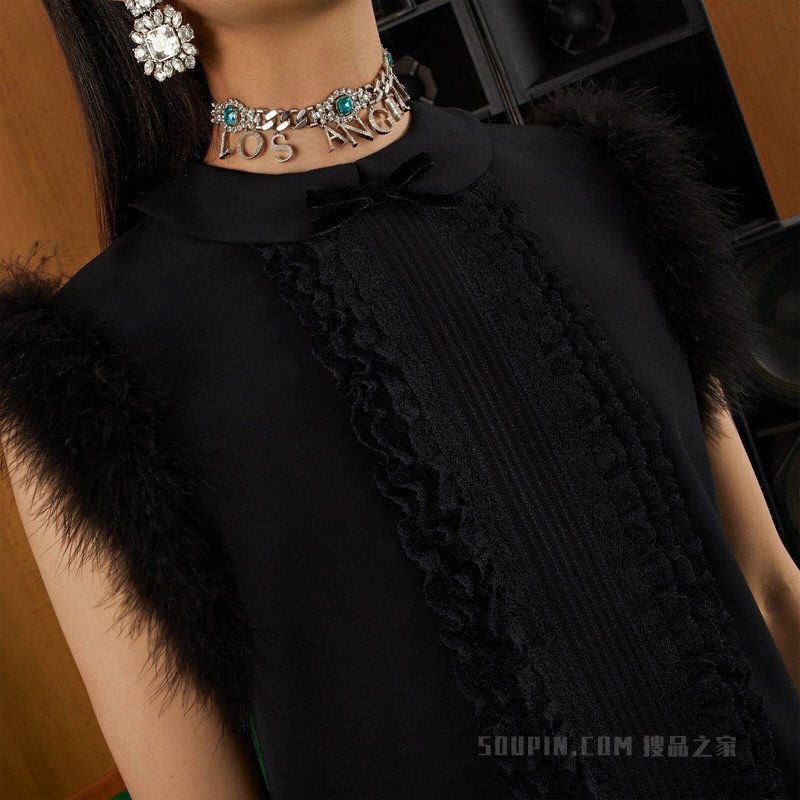 饰羽毛真丝连衣裙 黑色