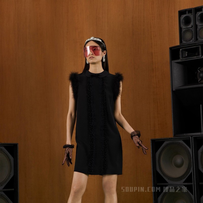 饰羽毛真丝连衣裙 黑色