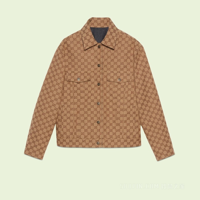 双面GG帆布牛仔夹克 蓝色、米色和乌木色