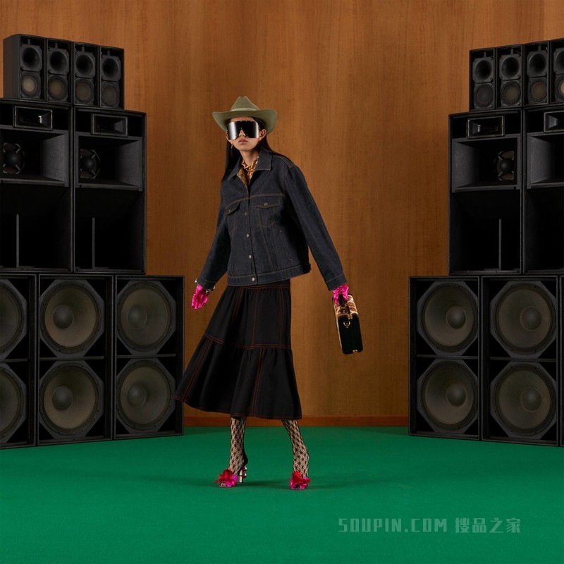 双面GG帆布牛仔夹克 蓝色、米色和乌木色