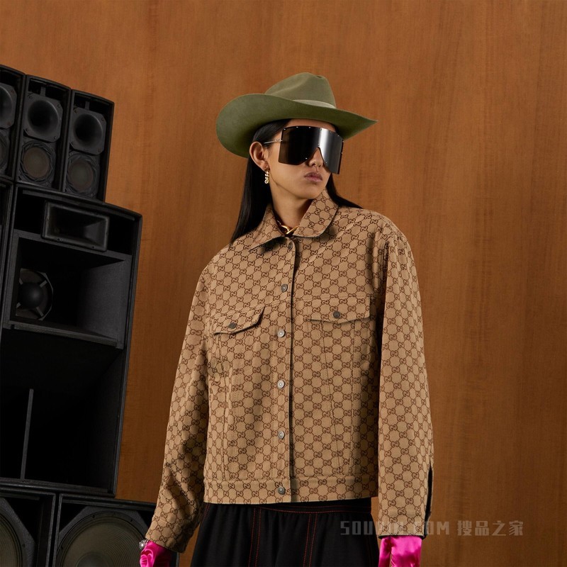 双面GG帆布牛仔夹克 蓝色、米色和乌木色