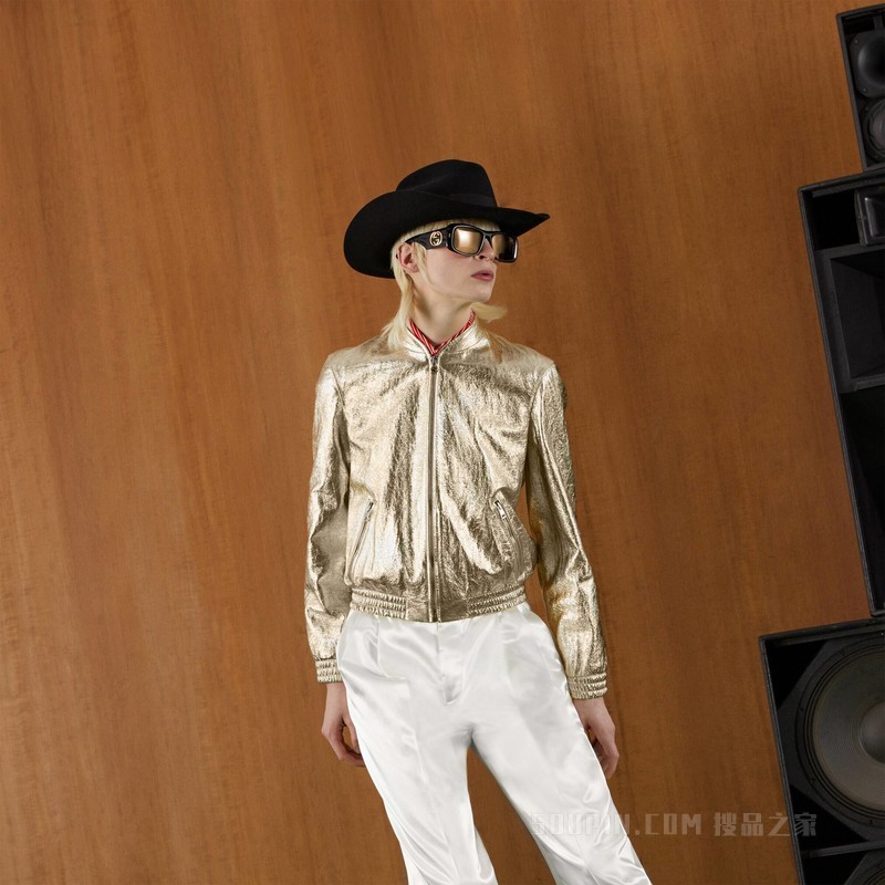 金属质感皮革夹克 铂金色